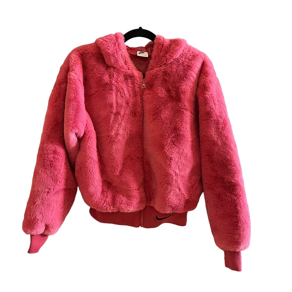 Nike Faux Fur Jacket Womens XS Pink Excellent Big Swoosh Hooded Bomber